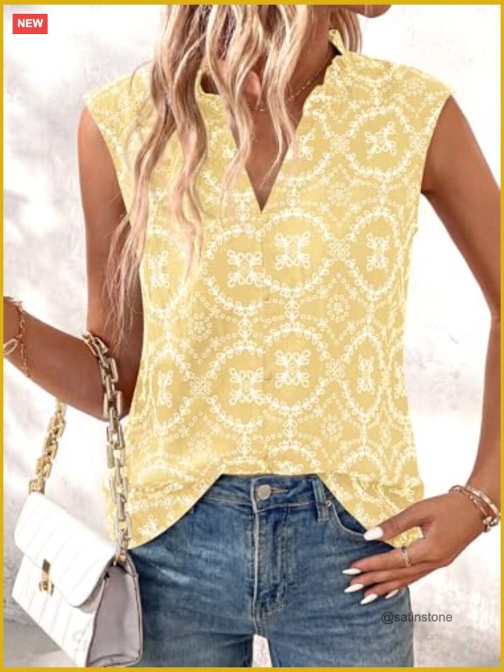 Boho Eyelet Embroidered Sleeveless Button Down Shirt Beach Vacation Top - Picture 4 of 7
